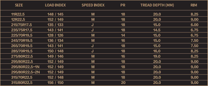 Таблица размеров шин SICURO D02